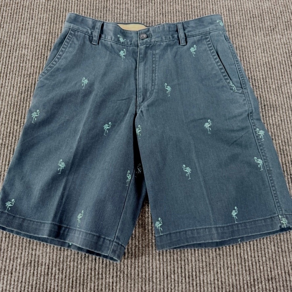 IZOD Saltwater Flamingo Embroidered Chino Shorts Mens 30 Navy Blue‎ 10.5 Inseam